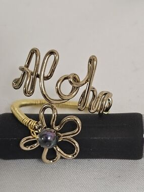 Gold Tone 'Aloha' Wire Name & Flower Ring with Iridescent Bead